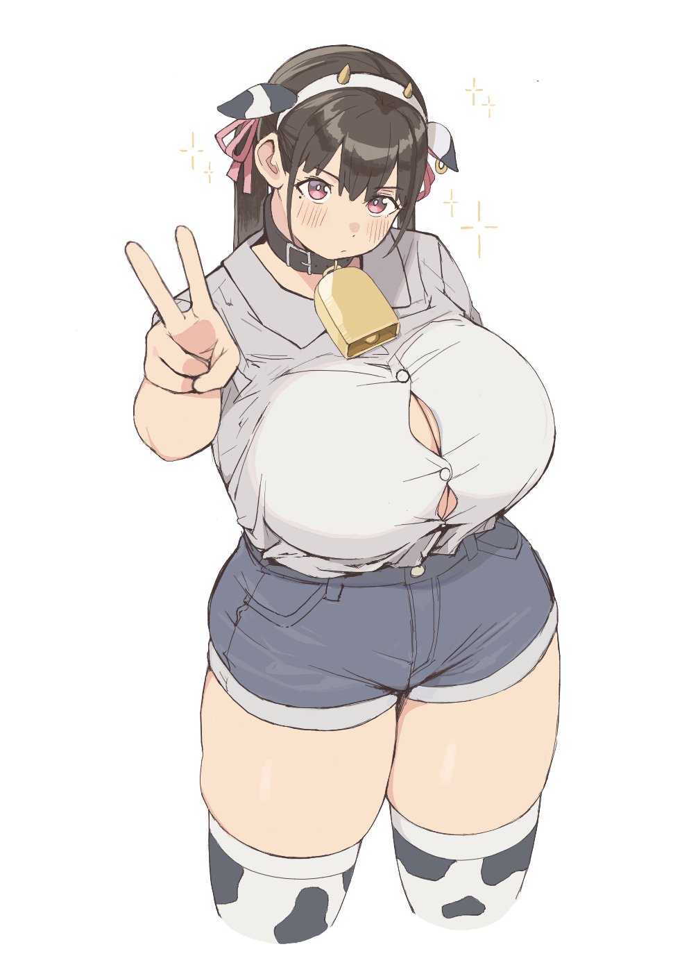 1girl, animal_ears, animal_print, bell, bifizu's_gold, blue_shorts, blush, breasts