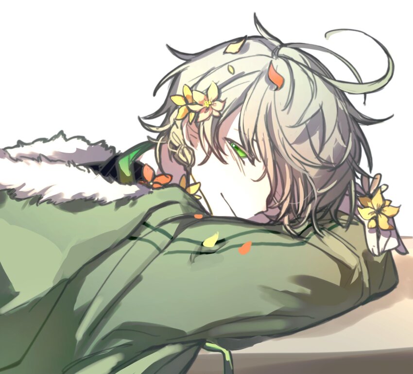 1boy, ahoge, ainchase_ishmael, alternate_costume, arm_pillow, arms_on_table, bluhen_(elsword), braid