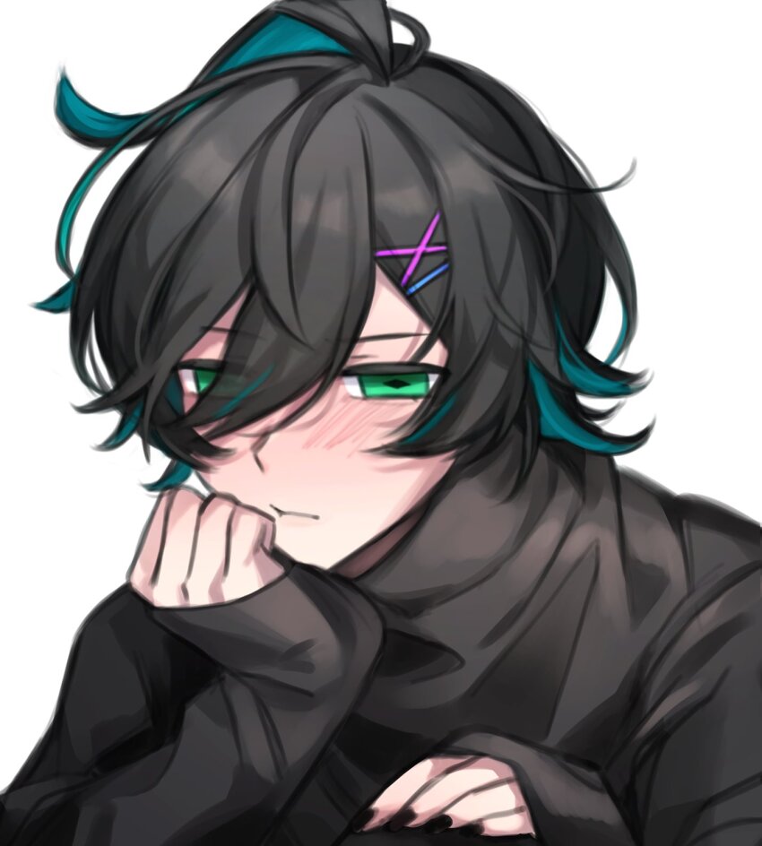 1boy, :t, ahoge, ainchase_ishmael, alternate_costume, black_nails, black_sweater, blue_hair