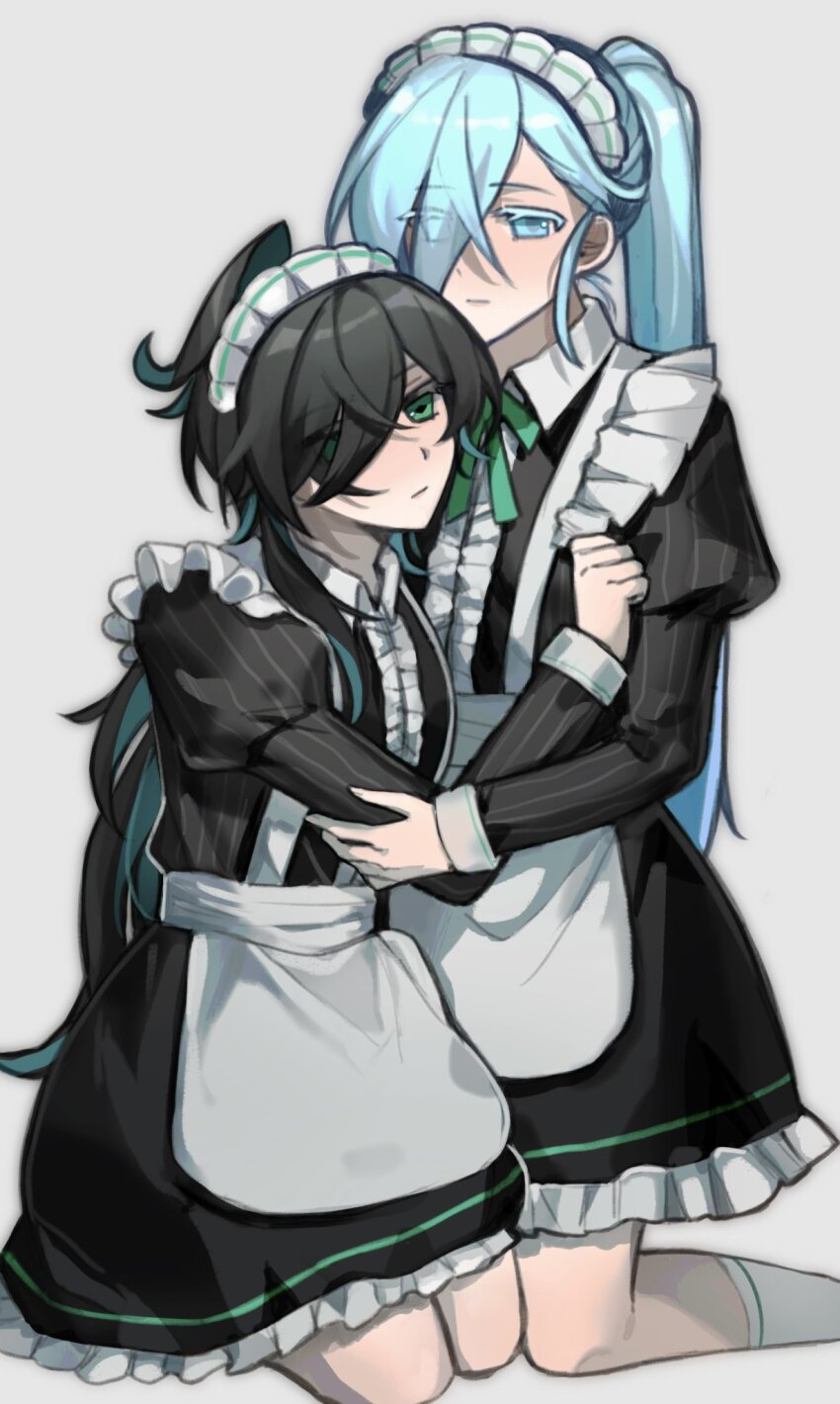 2girls, ainchase_ishmael, alternate_costume, alternate_hairstyle, apron, black_dress, black_hair, blue_eyes