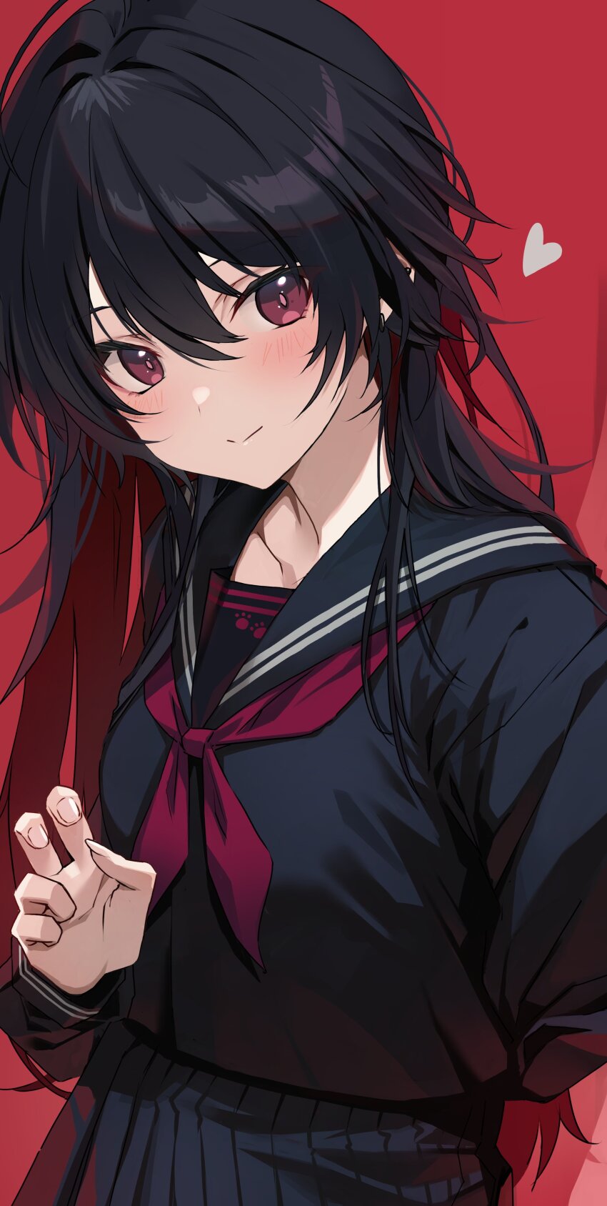 1girl, absurdres, bent_v, black_hair, black_sailor_collar, black_serafuku, black_skirt, blush, collarbone, colored_inner_hair, head_tilt, heart, highres, iris_black_games, kisaragi_ren_(5th_costume)_(vspo!), kisaragi_ren_(vspo!), long_hair, looking_at_viewer, multicolored_hair, red_background, red_eyes, red_hair, ruo19, sailor_collar, school_uniform, serafuku, sidelocks, simple_background, skirt, solo, upper_body, v, virtual_youtuber, vspo!, wolf_cut