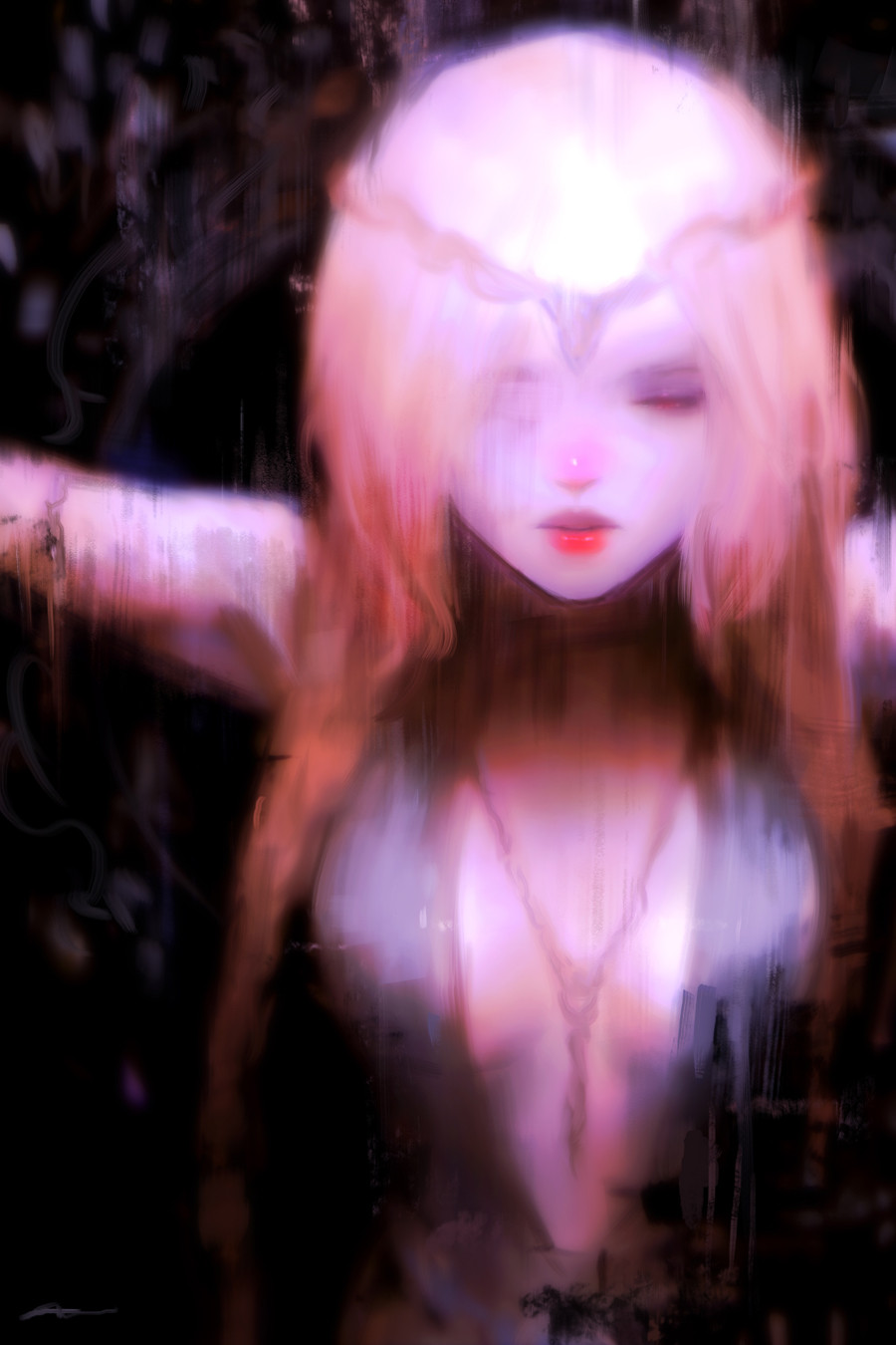 1girl, alex_chow, armlet, bare_shoulders, blonde_hair, breasts, cleavage, commentary