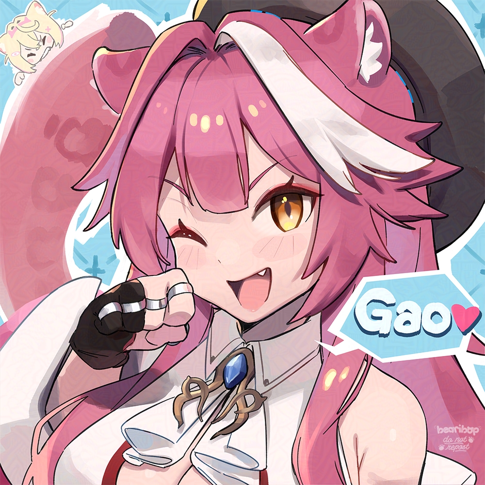2girls, animal_ear_fluff, animal_ears, bearibop, blush, breasts, cleavage, hololive, hololive_english, long_hair, looking_at_viewer, mococo_abyssgard, multicolored_hair, multiple_girls, open_mouth, panther_ears, panther_girl, pink_hair, raora_panthera, raora_panthera_(1st_costume), smile, solo, streaked_hair, upper_body, virtual_youtuber, yellow_eyes