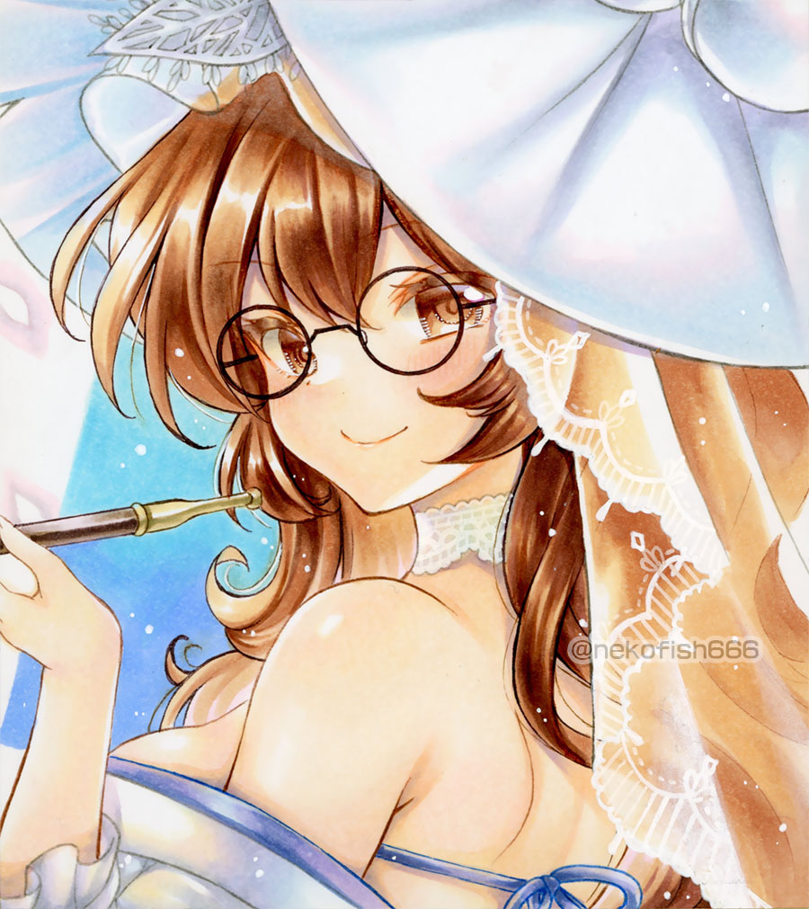 1girl, alternate_costume, breasts, brown_eyes, brown_hair, closed_mouth, futatsuiwa_mamizou, futatsuiwa_mamizou_(white_tanuki_from_the_same_hole), glass, hashtag-only_commentary, hat, large_breasts, looking_at_viewer, marker_(medium), medium_hair, nekofish666, round_eyewear, smile, smoking_pipe, touhou, touhou_lostword, traditional_media, twitter_username, upper_body, white_hat