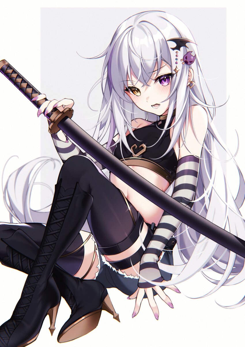 1boy, absurdres, bare_shoulders, black_boots, black_thighhighs, blush, boots, breasts