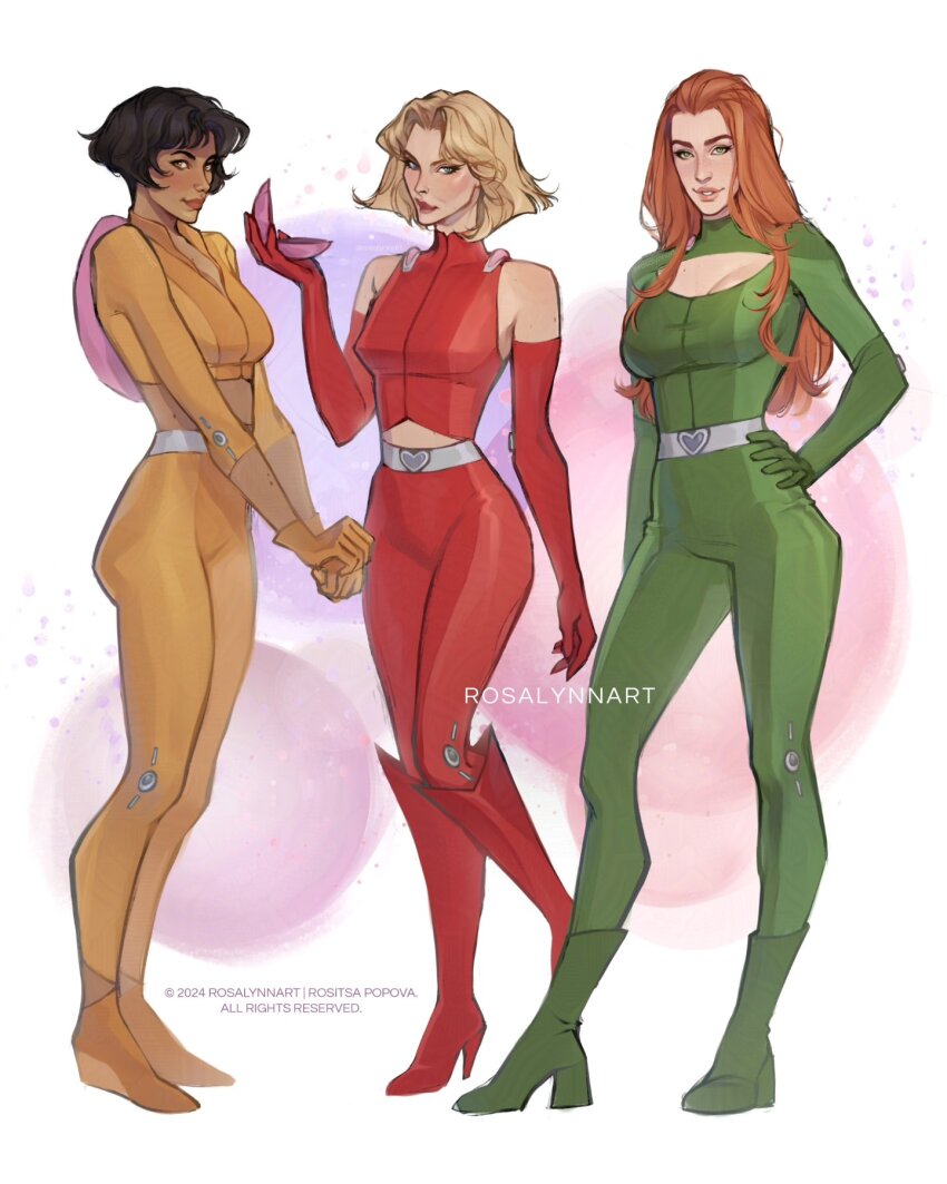 3girls, alex_(totally_spies!), applying_makeup, artist_name, ass, bare_shoulders, belt, black_hair, blonde_hair, bodysuit, breasts, clover_(totally_spies!), dark-skinned_female, dark_skin, elbow_gloves, gloves, green_bodysuit, green_footwear, hand_on_own_hip, high_heels, highres, long_hair, makeup, medium_breasts, multiple_girls, orange_hair, red_bodysuit, red_footwear, rosalynnart, sam_(totally_spies!), short_hair, smile, totally_spies!, whoop_catsuit, y2k_fashion, yellow_bodysuit