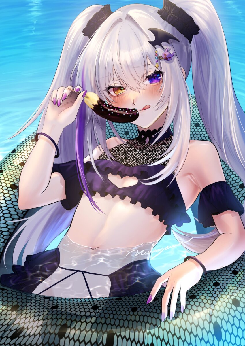 1boy, :q, armpit_crease, bare_shoulders, blush, brown_eyes, chocolate-covered_food, chocolate_banana