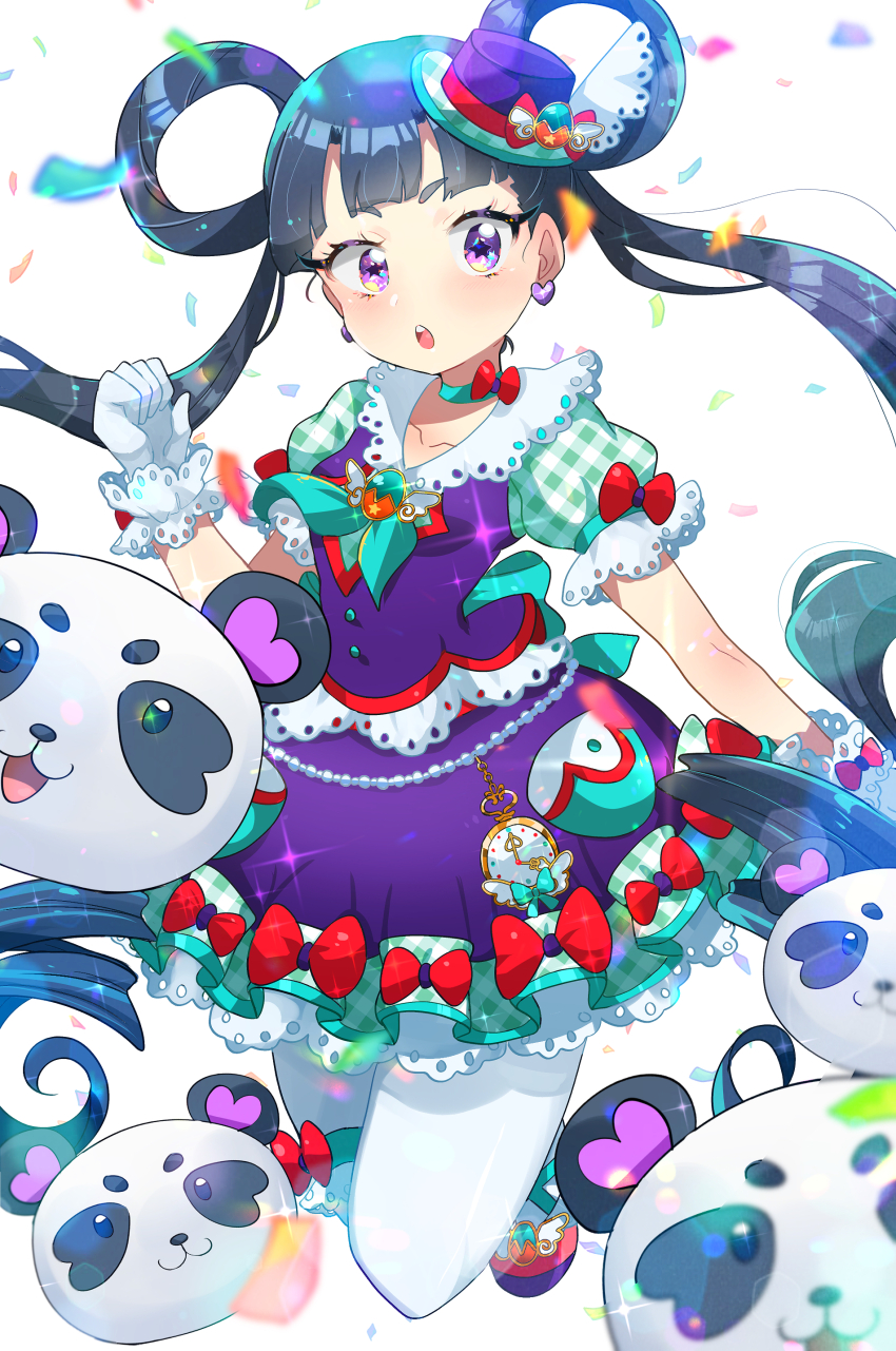 1girl, absurdres, black_hair, bow, skirt_bow, collarbone, confetti, earrings