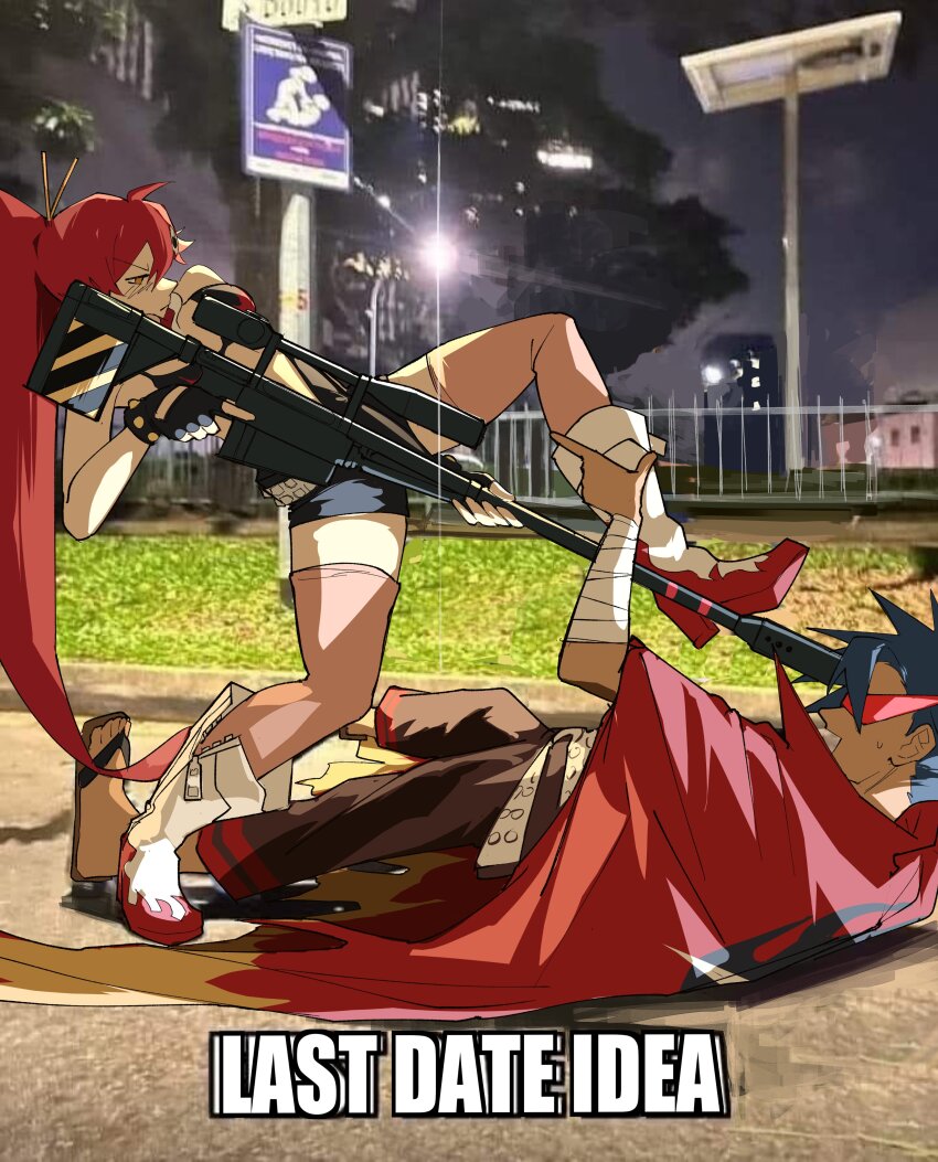 1boy, 1girl, absurdres, aiming, anti-materiel_rifle, belt, bikini, bikini_top_only, blue_hair, boots, breasts, brown_pants, cape, commentary, english_commentary, english_text, first_date_idea_(meme), from_side, full_body, gloves, grass, gun, hair_ornament, heartbreak_juan, highres, holding, holding_gun, holding_weapon, impact_(font), kamina_(ttgl), large_breasts, lens_flare, long_hair, lying, meme, night, on_back, outdoors, pants, photo-referenced, photo_background, pink_thighhighs, ponytail, profile, red-tinted_eyewear, red_hair, rifle, sandals, scope, short_shorts, shorts, sniper_rifle, standing, standing_on_one_leg, swimsuit, tengen_toppa_gurren_lagann, thighhighs, tinted_eyewear, triangular_eyewear, trigger_discipline, v-shaped_eyebrows, weapon, white_footwear, yellow_eyes, yoko_littner, zipper, zipper_pull_tab