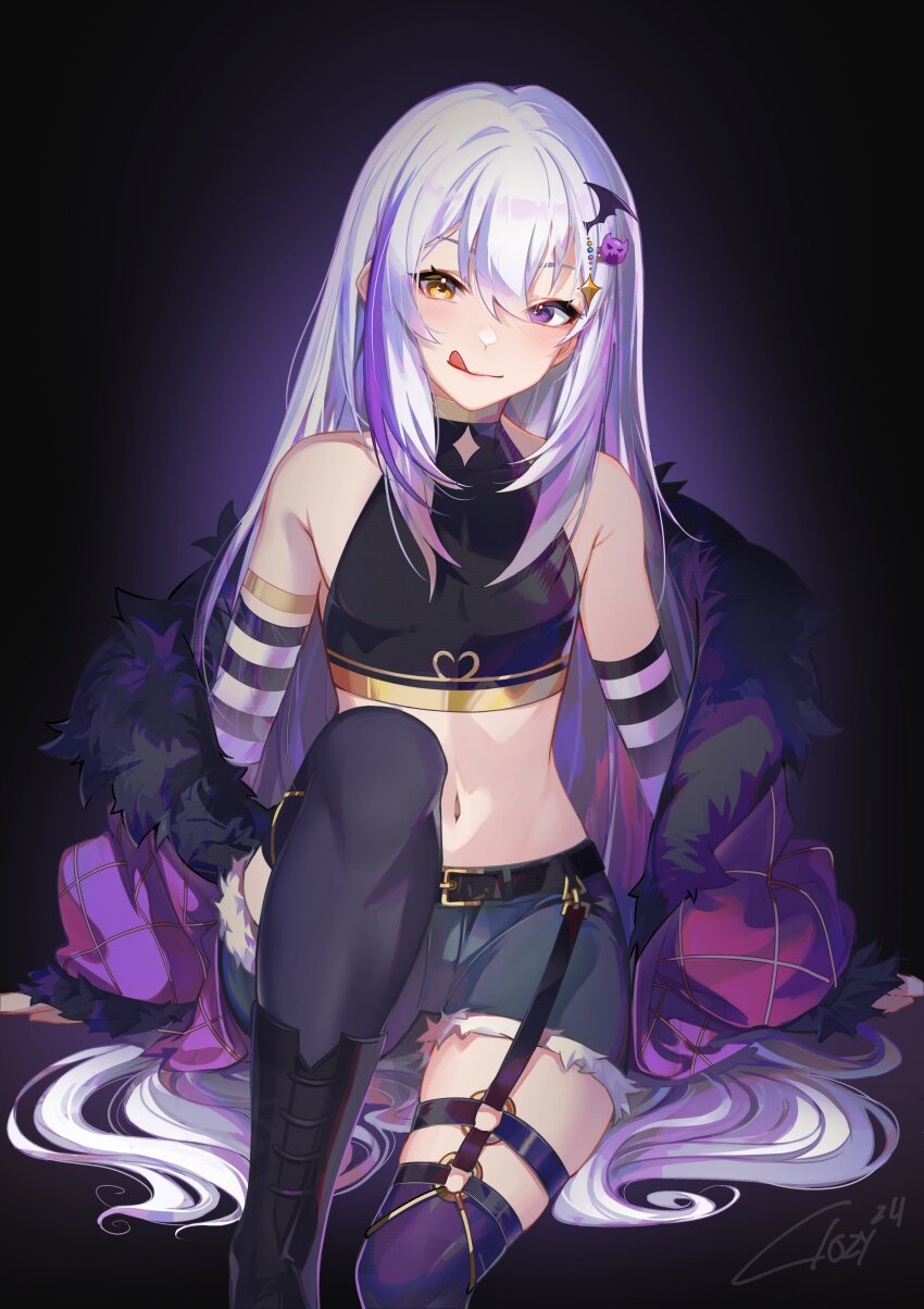 1boy, :q, absurdres, bare_shoulders, belt, black_boots, black_shorts, black_thighhighs