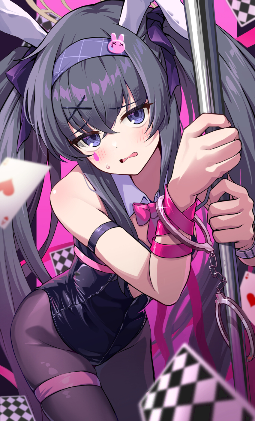 1girl, ace_(playing_card), ace_of_hearts, animal_ears, bags_under_eyes, black_hair, black_leotard, black_pantyhose