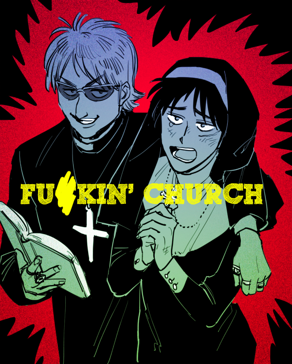 2boys, alternate_costume, book, cassock, coif, commentary_request, cowboy_shot, crossdressing, crossdressing_(mtf), facial_scar, greyscale_with_colored_background, grin, habit, holding, holding_book, hyoudou_kazuya, itou_kaiji, tobaku_mokushiroku_kaiji, long_sleeves, looking_at_viewer, male_focus, multiple_boys, nun, nun_headdress, open_mouth, own_hands_together, priest, profanity, scar, scar_on_cheek, scar_on_face, scratches, short_hair, smile, sunglasses, traditional_nun, v-shaped_eyebrows, wataroux