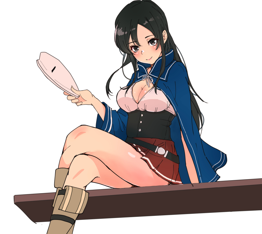 1girl, ankle_boots, black_corset, black_eyes, black_hair, blue_cloak, blush, boots