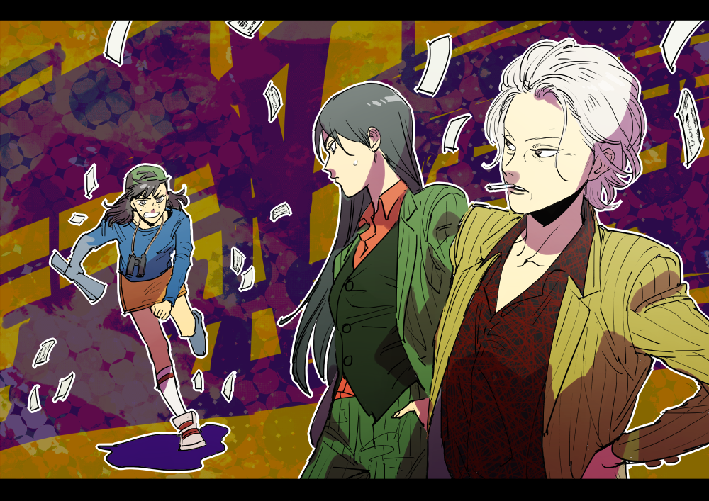 3girls, binoculars, black_shirt, blue_shirt, breasts, cigarette, clenched_teeth, closed_mouth