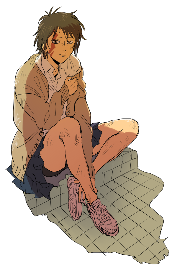 1girl, black_skirt, brown_cardigan, buraiden_gai, burn_scar, cardigan, closed_mouth, collared_shirt