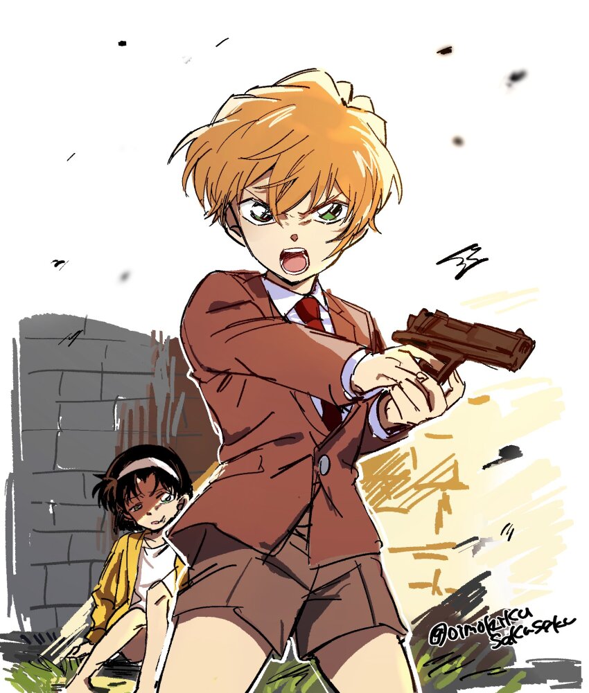 1boy, 1girl, :o, artist_name, brown_hair, brown_jacket, brown_shorts, collared_shirt, cowboy_shot, embers, genderswap, genderswap_(ftm), ginoko, gun, haibara_ai, hairband, highres, holding, holding_gun, holding_weapon, jacket, long_sleeves, meitantei_conan, necktie, open_clothes, open_jacket, orange_hair, red_necktie, serious, shirt, short_hair, shorts, sitting, stone_wall, teeth, weapon, white_background, white_hairband, white_shirt, yoshida_ayumi