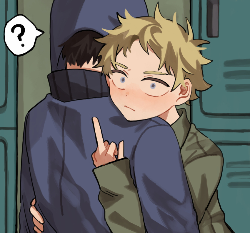 2boys, ?, black_hair, blonde_hair, blue_eyes, craig_tucker, highres, index_finger_raised, indoors, locker, looking_at_viewer, male_focus, multiple_boys, ringodaisk, school, short_hair, simple_background, south_park, spoken_question_mark, tweek_tweak, upper_body, yaoi