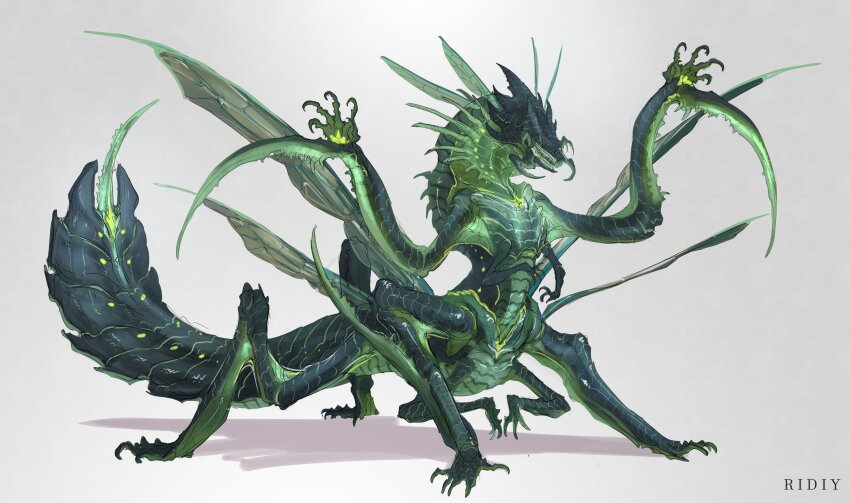 absurdres, animal_focus, arthropod_limbs, arthropod_tail, artist_name, chimera, dragon, extra_arms, full_body, green_wings, grey_background, head_wings, highres, insect_wings, mandibles, monster, multiple_legs, multiple_wings, no_humans, original, praying_mantis, ridiy_vortep, scales, simple_background, solo, tail, wings