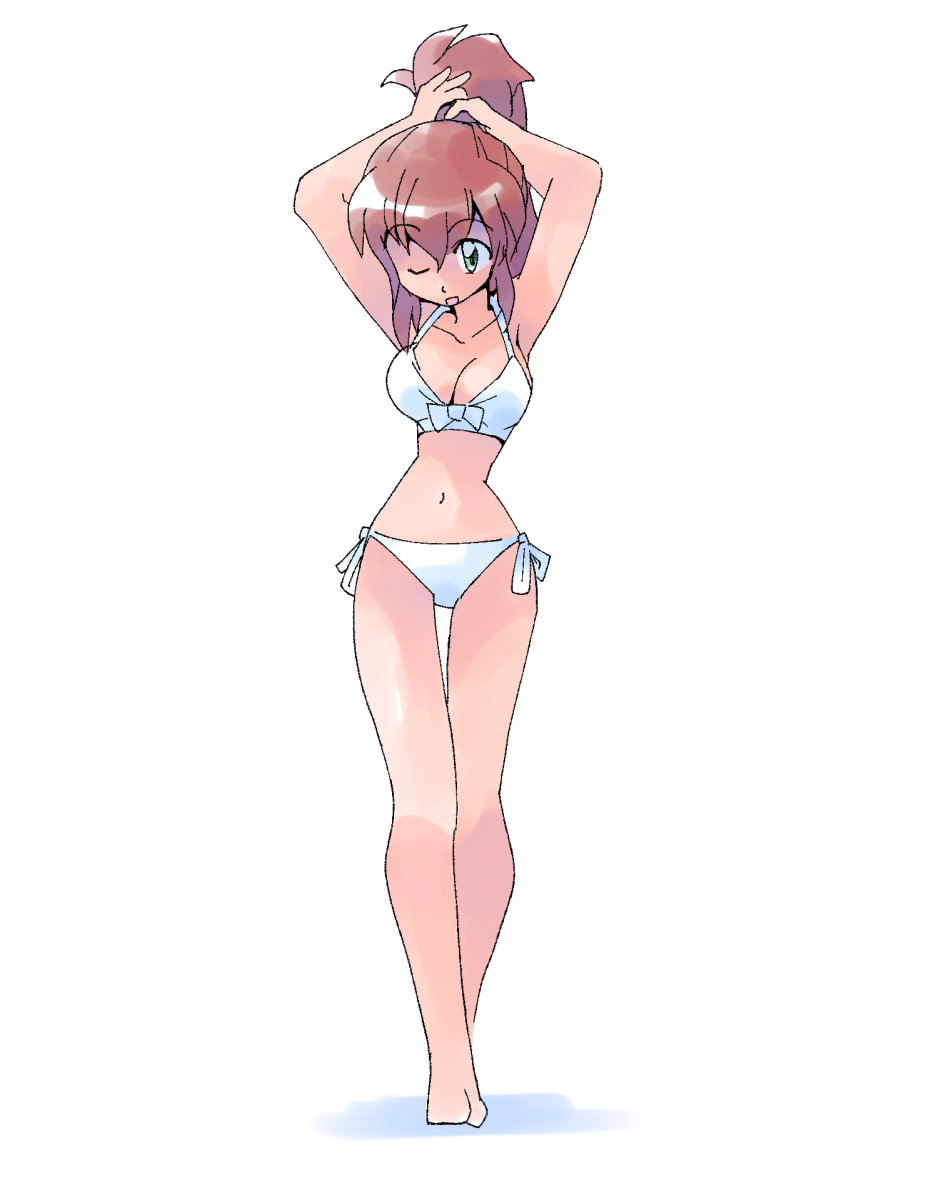 1girl, arms_up, barefoot, bikini, bow, bow_bikini, breasts, brown_hair, cleavage, collarbone, full_body, green_eyes, hands_in_own_hair, high_ponytail, highres, masuki, navel, one_eye_closed, open_mouth, original, ponytail, side-tie_bikini_bottom, simple_background, solo, standing, swimsuit, tying_hair, white_background, white_bikini