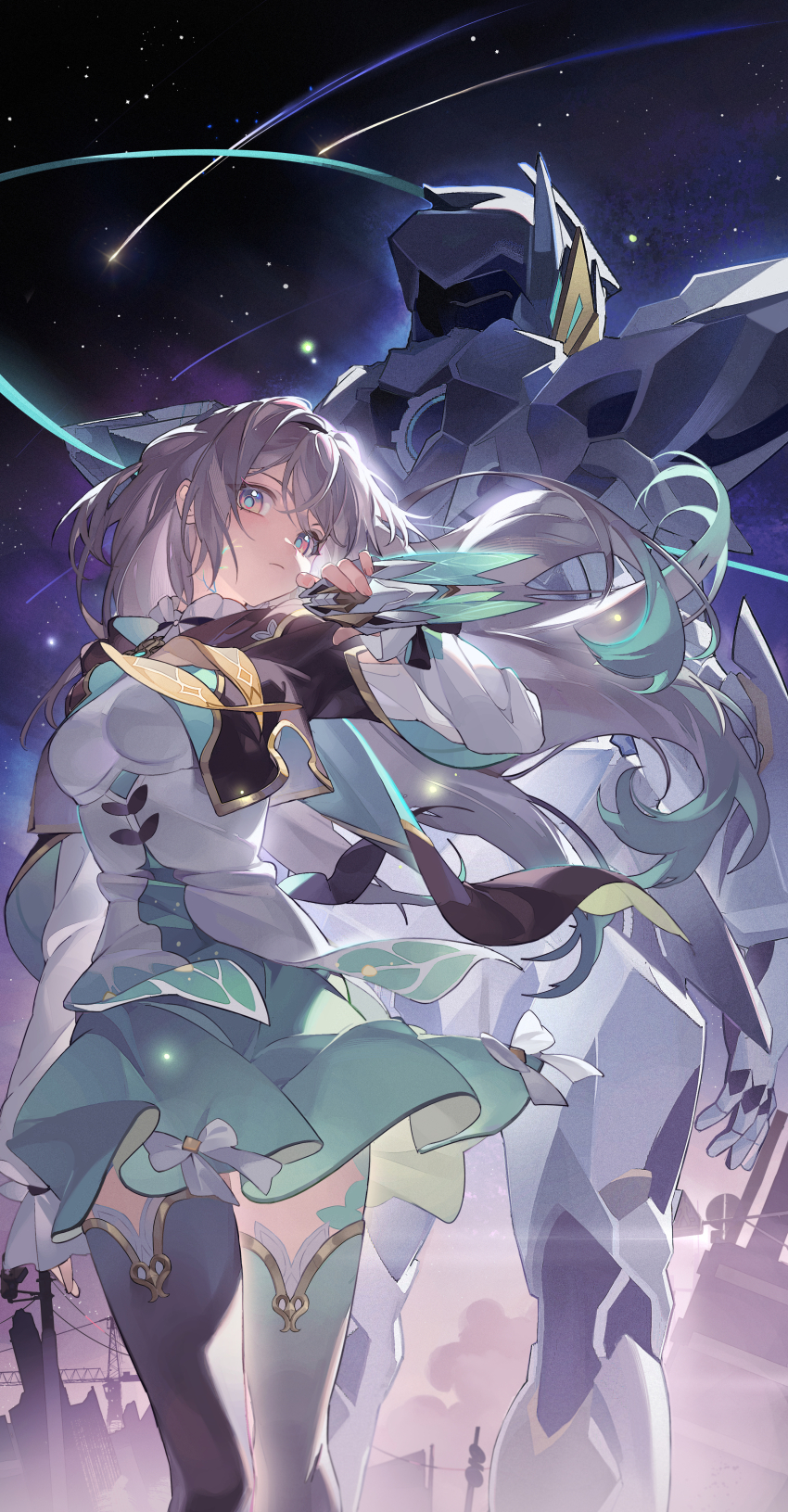 1girl, absurdres, aqua_hair, aqua_skirt, aqua_thighhighs, black_jacket, black_thighhighs, closed_mouth