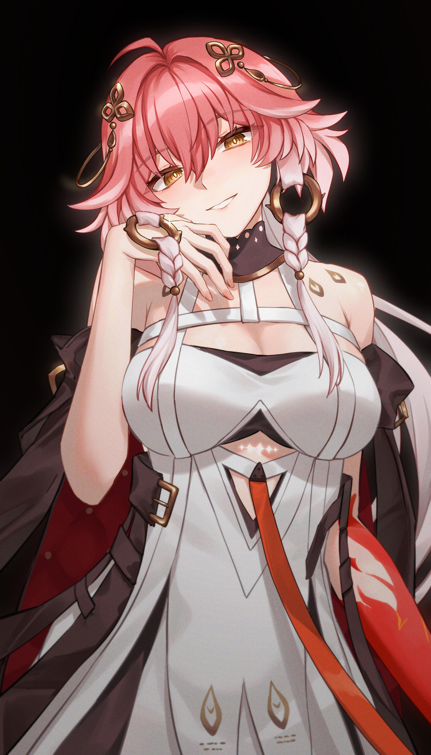 1girl, absurdres, ahoge, armpit_crease, bare_shoulders, black_background, black_jacket, body_markings