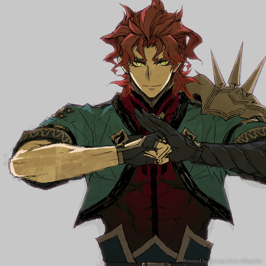 1boy, armor, chinese_clothes, cropped_jacket, elbow_gloves, fate/samurai_remnant, fate_(series), fingerless_gloves, forked_eyebrows, gloves, green_eyes, green_jacket, grey_background, highres, jacket, konoe_ototsugu, looking_at_viewer, male_focus, medium_hair, own_hands_together, pauldrons, red_hair, red_shirt, shirt, short-sleeved_jacket, short_sleeves, shoulder_armor, simple_background, single_elbow_glove, single_fingerless_glove, single_pauldron, smile, solo, spiked_pauldrons, upper_body, wavy_hair, zhao_yun_(fate)