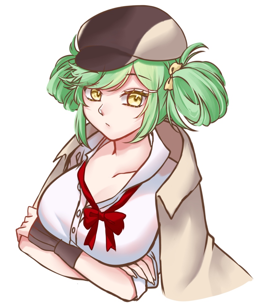 1girl, absurdres, ahomushi994, beret, bow, bowtie, breasts, brown_gloves, cleavage, crossed_arms, dress, girls'_frontline, gloves, green_hair, hair_ornament, hat, highres, jacket, large_breasts, long_hair, long_sleeves, magal_(girls'_frontline), magal_(miss_magal)_(girls'_frontline), open_clothes, open_jacket, red_bow, red_bowtie, ribbon, self-upload, shirt, simple_background, twintails, white_background, white_shirt, yellow_eyes