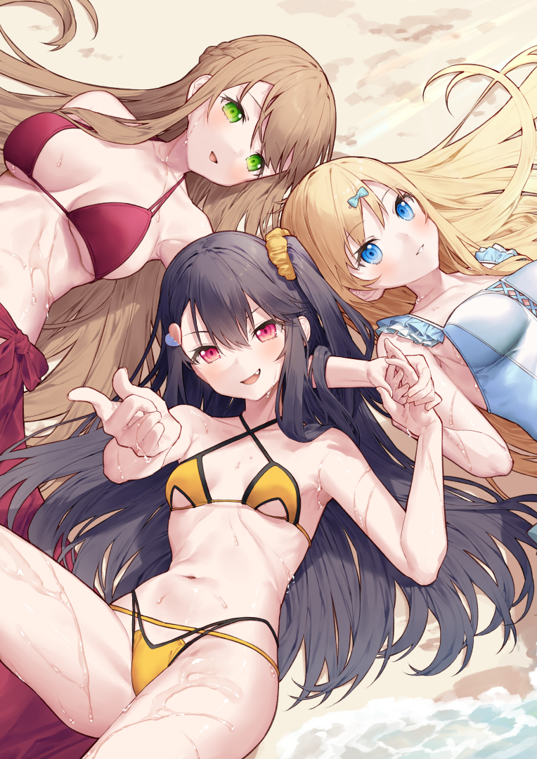 3girls, beach, bikini, black_hair, blonde_hair, blue_eyes, brown_hair, commentary_request