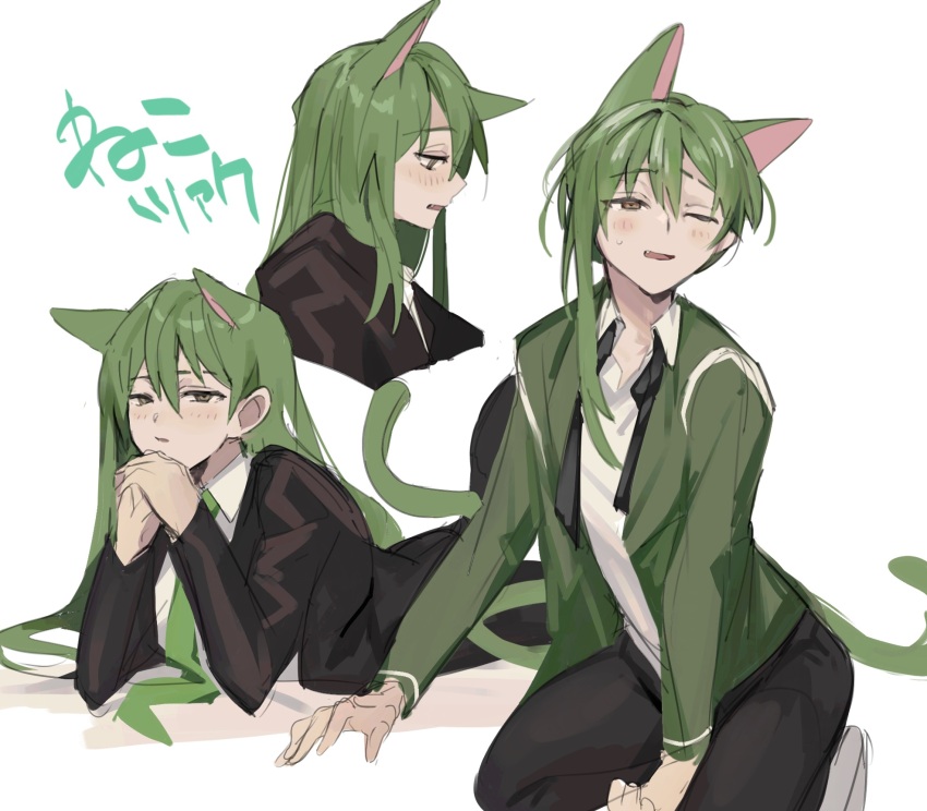 1boy, animal_ears, ascot, black_ascot, black_suit, blush, brown_eyes, cat_ears