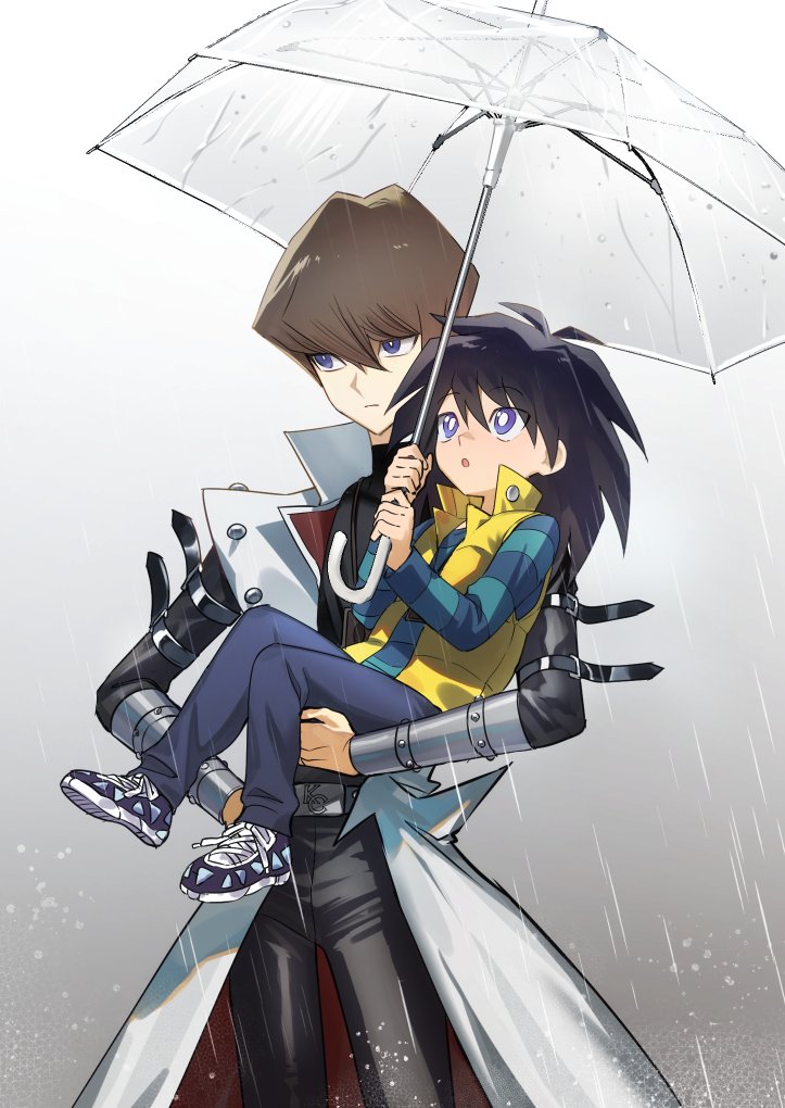 belt, belt_buckle, black_hair, black_pants, black_shirt, blue_pants, blue_shirt, brothers, brown_hair, buckle, carrying, carrying_person, coat, holding, holding_umbrella, kaiba_mokuba, kaiba_seto, male_focus, moemoenomori, pants, rain, shirt, siblings, striped_clothes, striped_shirt, umbrella, vest, white_coat, yellow_vest, yu-gi-oh!, yu-gi-oh!_duel_monsters