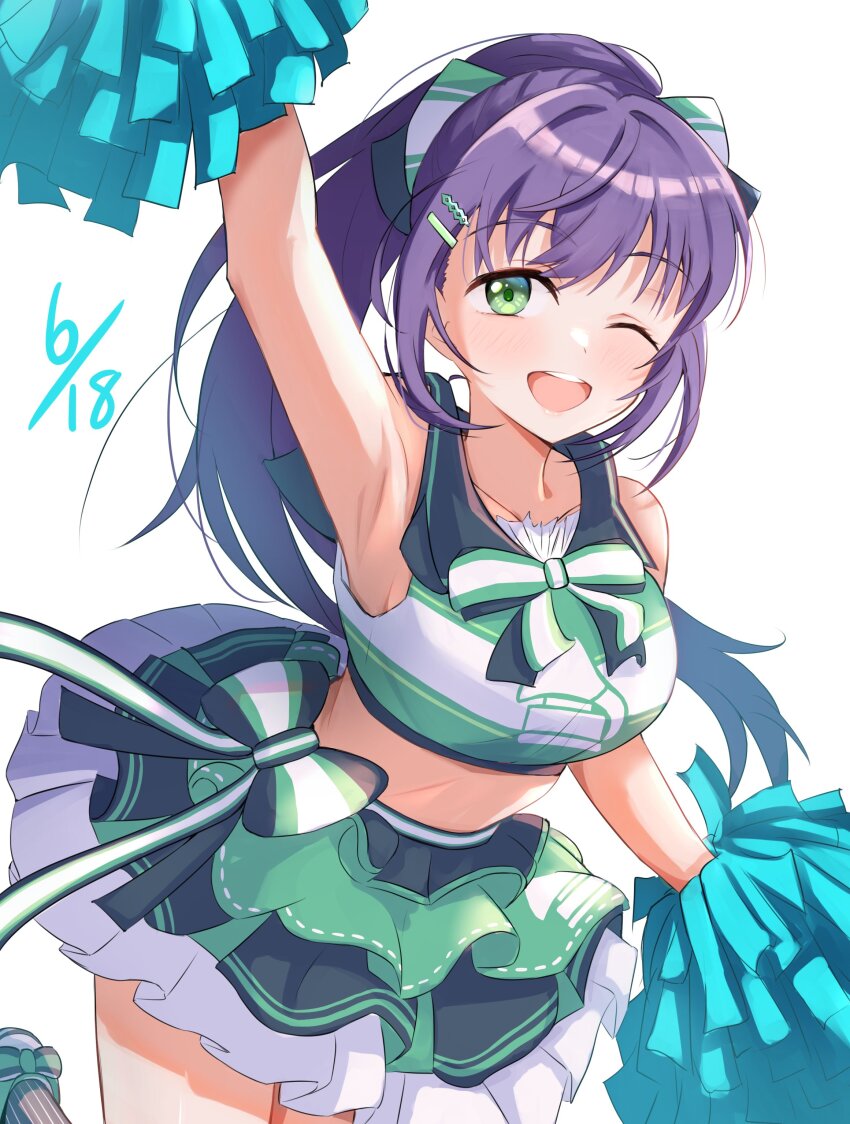 1girl, ;d, absurdres, arm_up, armpits, black_bow, blush, bow, breasts, cheering, cheerleader, collarbone, commentary_request, cowboy_shot, dated, dress_bow, frilled_skirt, frills, green_bow, green_eyes, green_ribbon, h.s.c.t._(love_live!), hair_bow, highres, holding, holding_pom_poms, ixianim, large_breasts, layered_skirt, link!_like!_love_live!, long_hair, looking_at_viewer, love_live!, midriff, miniskirt, multicolored_bow, official_alternate_costume, one_eye_closed, open_mouth, otomune_kozue, pleated_skirt, pom_pom_(cheerleading), pom_poms, ponytail, purple_hair, ribbon, shirt, sidelocks, simple_background, skirt, sleeveless, sleeveless_shirt, smile, solo, striped_bow, teeth, two-tone_bow, upper_teeth_only, virtual_youtuber, white_background, white_ribbon