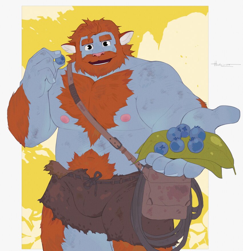 1boy, absurdres, animal_ears, bara, beard, beard_over_mouth, belly, blue_fur