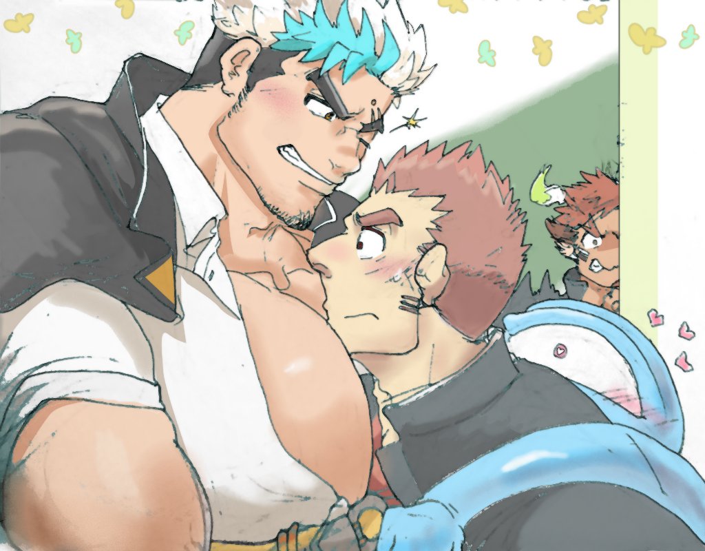 3boys, angry, bara, blush, brown_hair, collared_shirt, dorayakich, face_to_pecs, facial_hair, facial_mark, forehead_mark, from_side, frown, gakuran, goatee, goatee_stubble, grin, hair_slicked_back, heart, huge_pectorals, jealous, loving_aura, male_focus, male_with_breasts, medium_sideburns, multicolored_hair, multiple_boys, muscular, muscular_male, one_eye_closed, pectoral_cleavage, pectorals, peeking_out, profile, sanpaku, sanzou_(housamo), school_uniform, shirt, short_hair, sideburns, sideburns_stubble, smile, spirit, streaked_hair, stubble, tamamura_gunzo, thick_eyebrows, tokyo_houkago_summoners, upper_body, wakan_tanka, yaoi