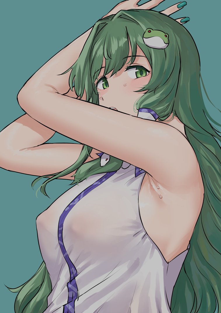1girl, armpits, breasts, covered_erect_nipples, frog_hair_ornament, green_background, green_eyes, green_hair, green_nails, hair_intakes, hair_ornament, hair_tubes, kochiya_sanae, large_breasts, looking_at_viewer, looking_to_the_side, nontraditional_miko, pondo_(peng-model), simple_background, single_hair_tube, snake_hair_ornament, solo, sweat, touhou