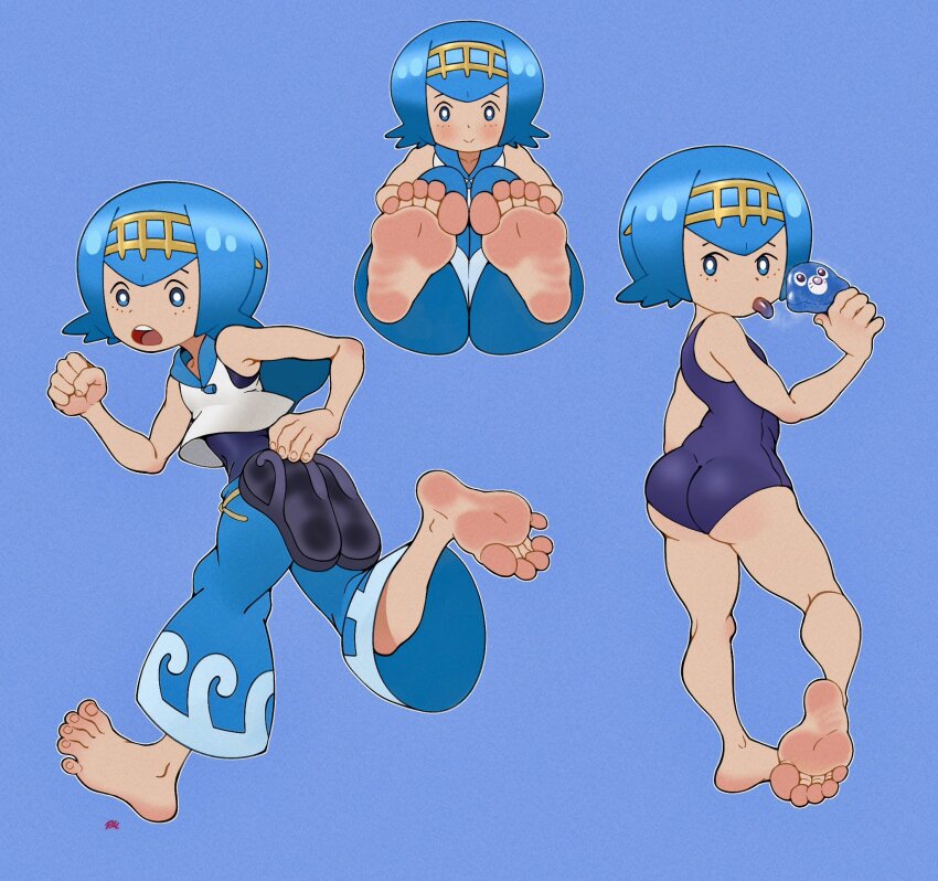 1girl, barefoot, blue_eyes, blue_hair, butt_crack, feet, foot_focus, gen_7_pokemon, highres, lana_(pokemon), nintendo, pokemon, pokemon_sun_and_moon, popplio, puffymilk, sandals, signature, soles, swimsuit, swimsuit_under_clothes, toes, unworn_sandals
