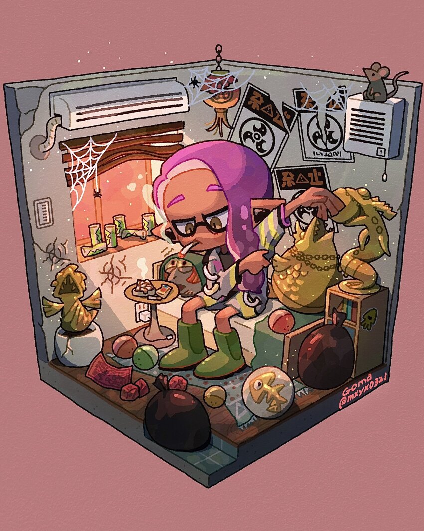 1girl, air_conditioner, arm_up, artist_name, ashtray, asymmetrical_hair, bed, book, bookshelf, boots, bug, can, capsule, charger, cigarette, closed_mouth, cohozuna_(splatoon), commentary_request, crack, cracked_wall, crumpled_paper, crushed_can, dark-skinned_female, dark_skin, dressing, drink_can, electrical_outlet, evening, golden_egg_(splatoon), green_footwear, grey_jumpsuit, hiding, highres, horrorboros, indoors, inkling, inkling_girl, inkling_player_character, isometric, jitome, jumpsuit, lantern, light_particles, long_hair, long_sleeves, looking_down, megalodontia_(splatoon), mouse_(animal), mouth_hold, mxyx0321, nintendo, on_bed, paper, paper_lantern, pointy_ears, poster_(object), purple_background, purple_hair, rubber_boots, rug, salmon_run_(splatoon), salmonid, scared, silk, simple_background, sitting, smallfry_(splatoon), smoke, smoking, spider, spider_web, splatoon_(series), splatoon_3, sticker, table, tassel, tentacle_hair, trash_bag, trembling, trophy, twitter_username, window, window_blinds, windowsill, wooden_floor, yellow_eyes