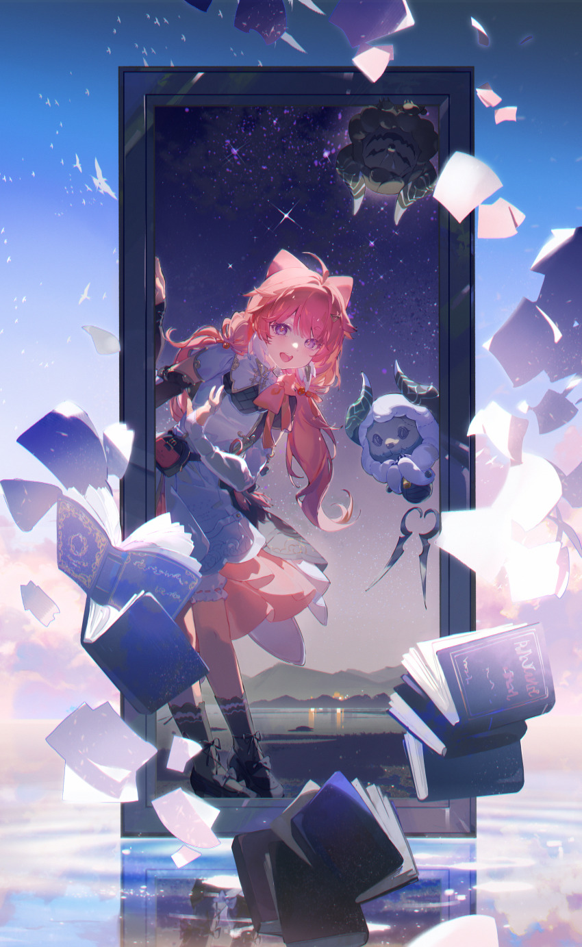 1girl, :d, absurdres, ahoge, arm_warmers, black_arm_warmers, black_dress, black_footwear