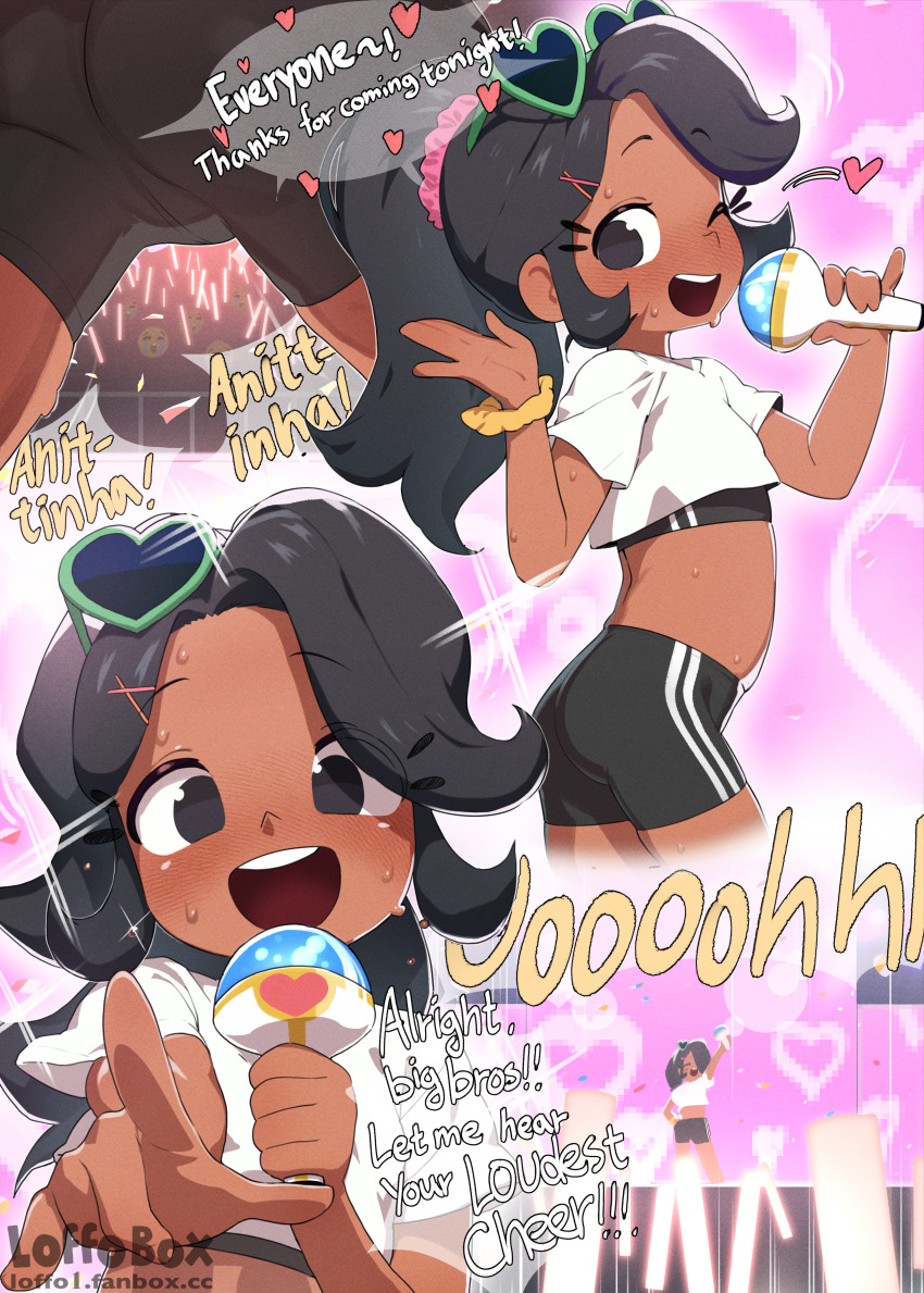 1girl, absurdres, anittinha, anittinha's_club, artist_name, black_eyes, black_hair, black_shorts, blush, character_name, commentary, concert, crop_top, dark-skinned_female, dark_skin, english_commentary, english_text, eyewear_on_head, forehead, glowstick, heart, heart-shaped_eyewear, heart_background, highres, holding, holding_glowstick, holding_microphone, huge_filesize, idol, loffo, loli, meme, microphone, multiple_views, one_eye_closed, open_mouth, paid_reward_available, pointing, pointing_at_viewer, ponytail, scrunchie, shirt, short_sleeves, shorts, smile, sparkle, speech_bubble, spoken_heart, sweat, uohhhhhhhhh!_(meme), watermark, white_shirt, wrist_scrunchie, yellow_scrunchie