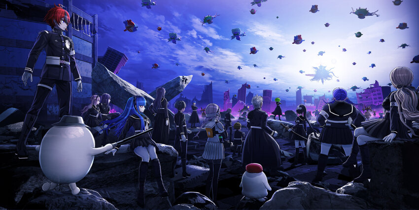 6+boys, 6+girls, alien, amemiya_darumi, aotsuki_eito, black_boots, black_hair, black_pants