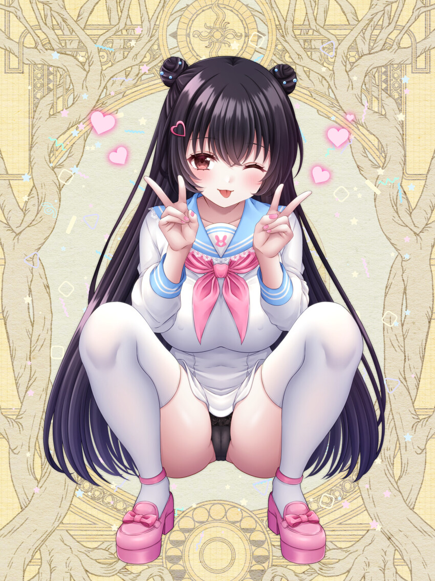 1girl, ;p, black_hair, black_panties, breasts, covered_navel, dairoku_ryouhei, double_v