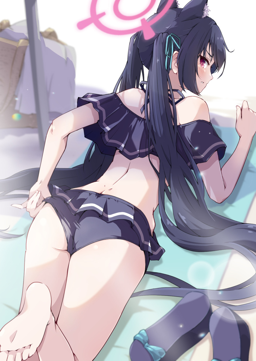1girl, animal_ear_fluff, animal_ears, ass, back, bare_arms, bare_legs, bare_shoulders