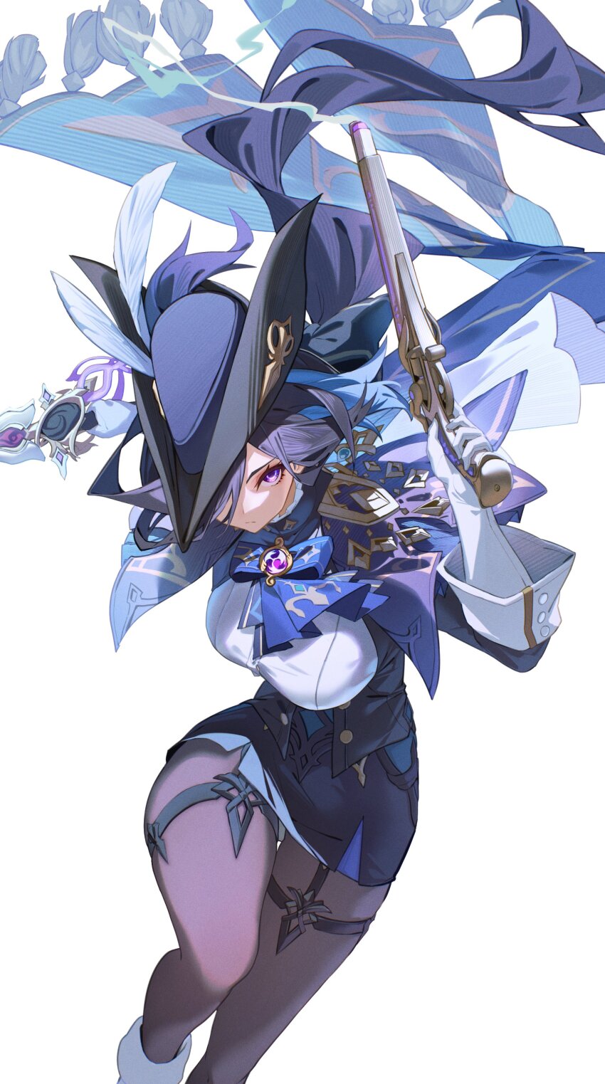 1girl, absolution_(genshin_impact), absurdres, ascot, bibisuka, black_corset, black_pantyhose, black_skirt