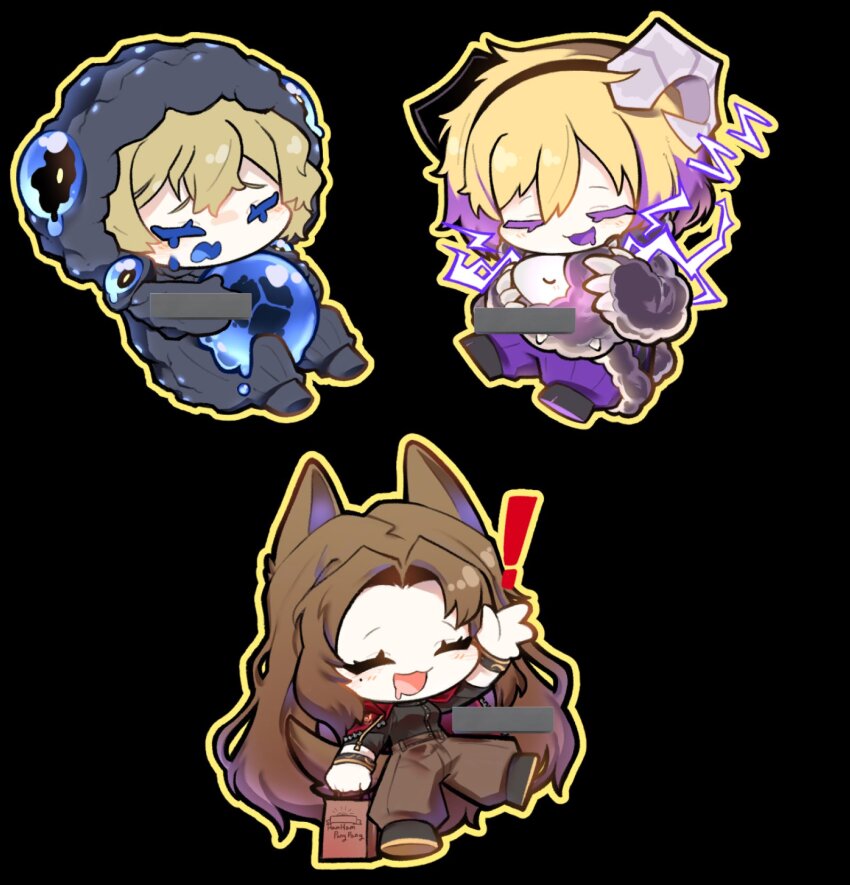 1boy, 2girls, :3, :d, animal_ears, arm_up, black_background, blonde_hair