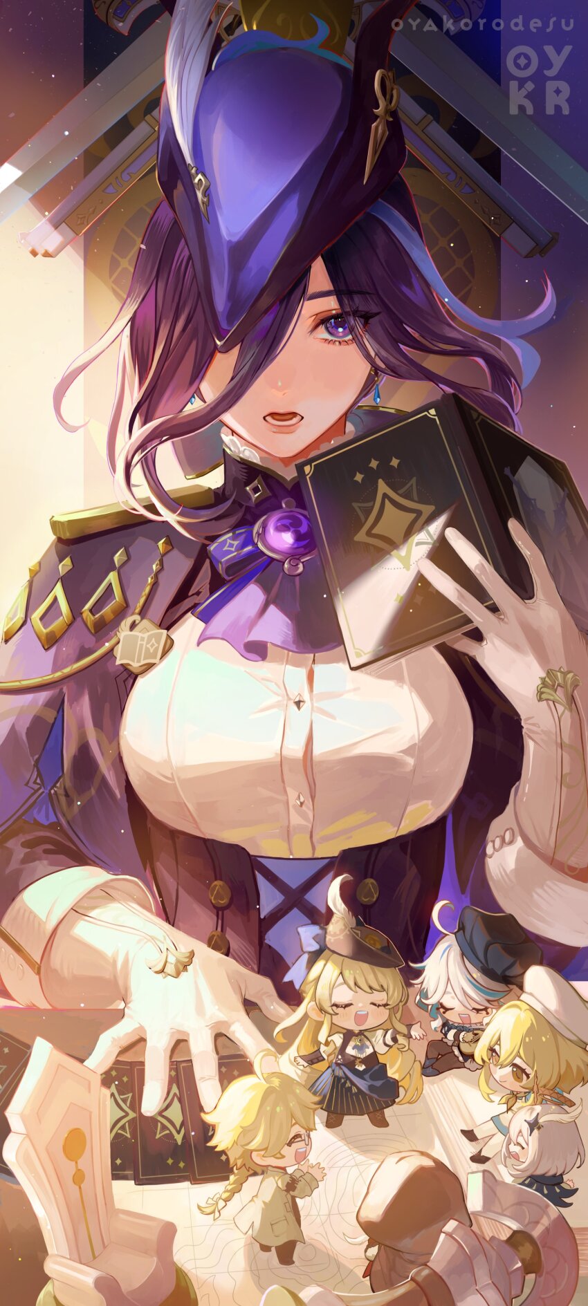 2boys, 5girls, ^_^, absurdres, aether_(genshin_impact), aether_(marechaussee_hunter)_(genshin_impact), ahoge, ascot, blonde_hair, blue_hat, blue_skirt, book, card, chibi, clorinde_(genshin_impact), closed_eyes, coat, corset, furina_(genshin_impact), furina_(marechaussee_hunter)_(genshin_impact), genshin_impact, gloves, hand_up, hat, highres, holding, holding_book, instrument, long_hair, looking_at_viewer, lumine_(genshin_impact), lumine_(marechaussee_hunter)_(genshin_impact), lute_(instrument), lyney_(genshin_impact), lyney_(marechaussee_hunter)_(genshin_impact), mini_person, miniboy, minigirl, multiple_boys, multiple_girls, navia_(genshin_impact), navia_(marechaussee_hunter)_(genshin_impact), open_mouth, oyakorodesu, paimon_(genshin_impact), paimon_(marechaussee_hunter's_best_friend)_(genshin_impact), purple_ascot, purple_eyes, purple_hair, shirt, skirt, tricorne, upper_body, white_gloves, white_hair, white_hat, white_shirt