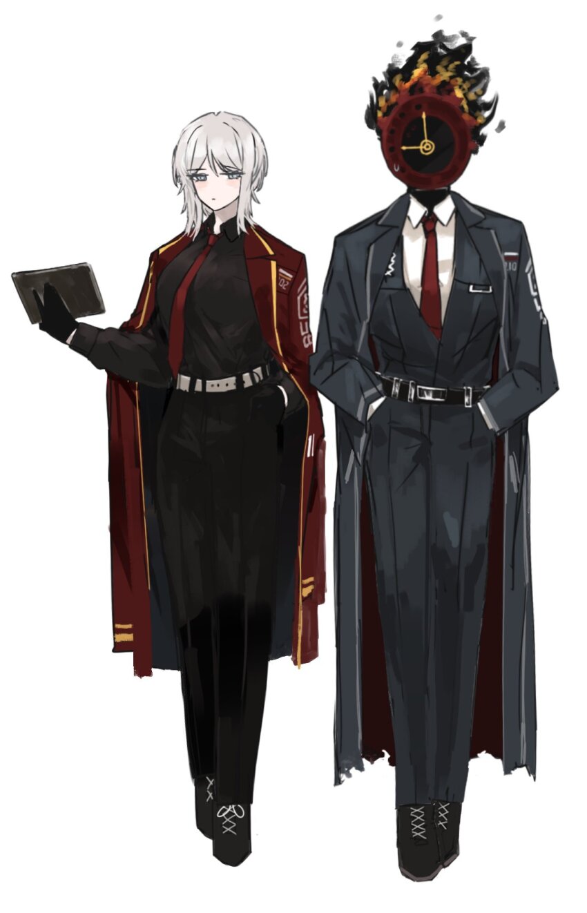 1girl, 1other, belt, black_belt, black_coat, black_footwear, black_gloves, black_pants