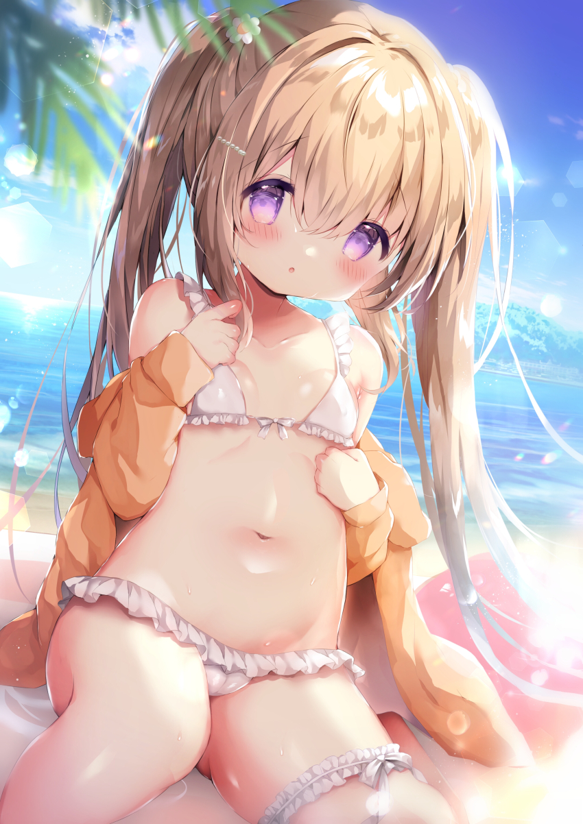 1girl, :o, absurdres, bare_shoulders, bikini, blue_sky, blush, breasts