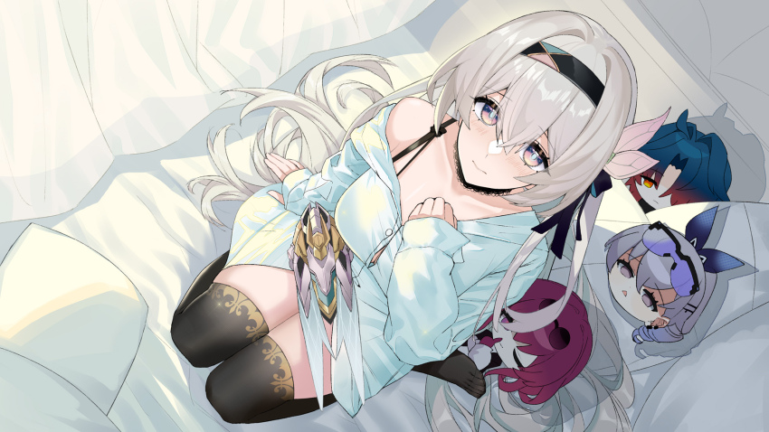 1girl, :<, alternate_costume, bilibili_commission, black_bow, black_collar, black_hair, black_hairband, black_thighhighs, blade_(honkai:_star_rail), blue_eyes, blush, bow, bra_strap, breasts, cleavage, closed_mouth, collar, commentary_request, curtains, drill_hair, drill_ponytail, ear_piercing, eyewear_on_head, finger_to_mouth, firefly_(honkai:_star_rail), from_above, glasses, gloves, goggles, goggles_on_head, gradient_hair, grey_eyes, grey_hair, hair_between_eyes, hair_bow, hair_ornament, hairband, hairclip, highres, honkai:_star_rail, honkai_(series), kafka_(honkai:_star_rail), lace-trimmed_collar, lace_trim, large_breasts, long_hair, looking_at_viewer, multicolored_eyes, multicolored_hair, no_shoes, on_bed, one_eye_closed, orange_eyes, parted_bangs, piercing, pince-nez, pink_eyes, purple-tinted_eyewear, purple_gloves, purple_hair, round_eyewear, shirt, shushing, silver_wolf_(honkai:_star_rail), sitting, solo, srpzk, stuffed_toy, sunglasses, thighhighs, thighs, tinted_eyewear, two-tone_eyes, very_long_hair, wariza, white_hair, white_shirt, yellow_eyes