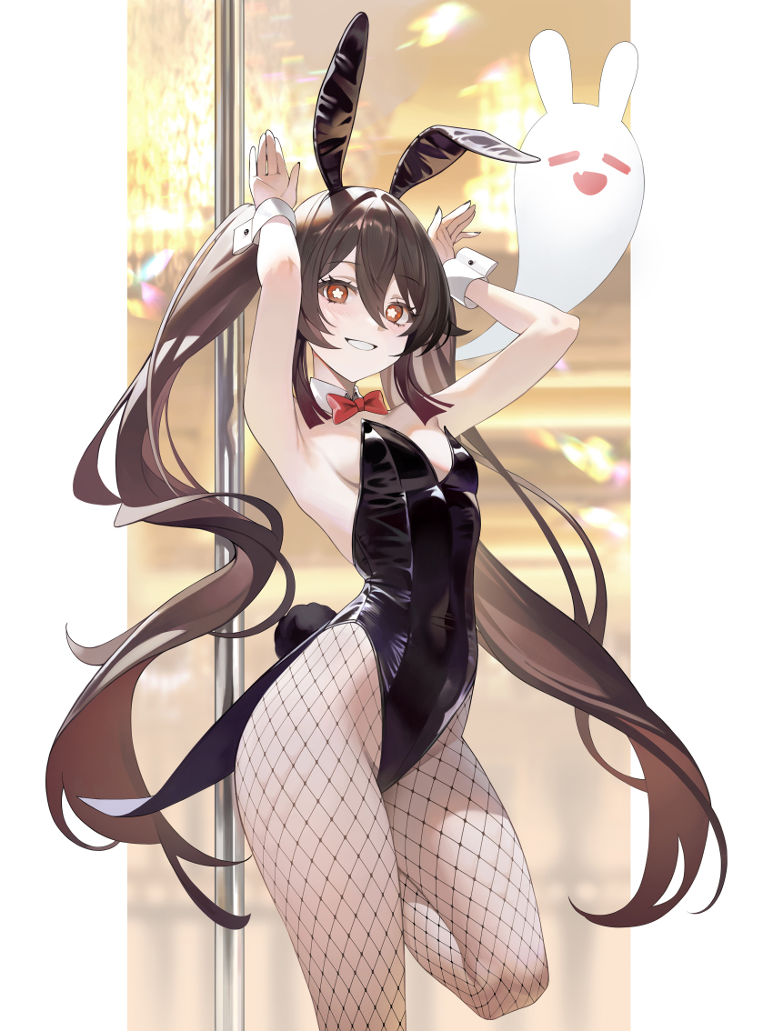 1girl, absurdres, boo_tao_(genshin_impact), breasts, brown_hair, chungla, cleavage, detached_collar, flower-shaped_pupils, genshin_impact, highres, hu_tao_(genshin_impact), looking_at_viewer, playboy_bunny, rabbit_ears, red_eyes, solo, symbol-shaped_pupils, twintails