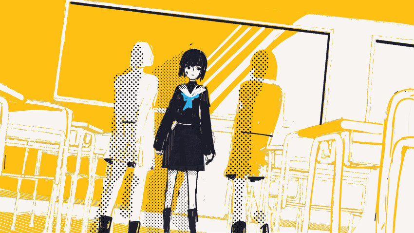 1girl, 2others, bandaid, bandaid_on_face, black_eyes, black_hair, black_serafuku, black_socks