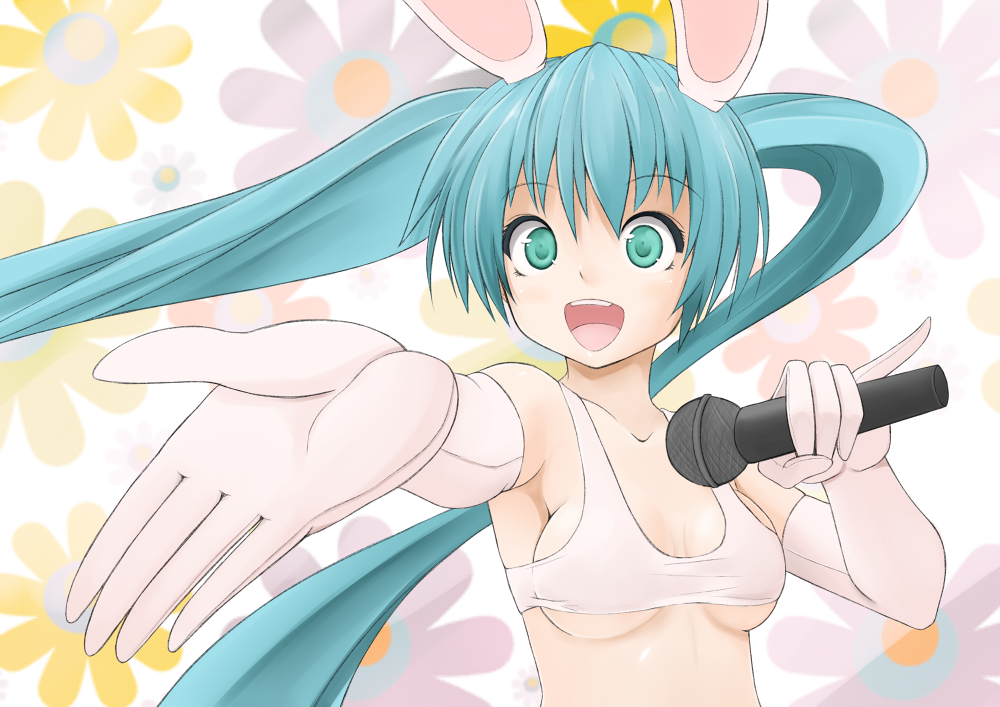 1girl, :d, animal_ears, aqua_eyes, aqua_hair, breasts, elbow_gloves, female_focus, gloves, hatsune_miku, long_hair, microphone, nino_(aquarius), nino_h, open_mouth, outstretched_arm, pinky_out, rabbit_ears, smile, solo, twintails, underboob, vocaloid